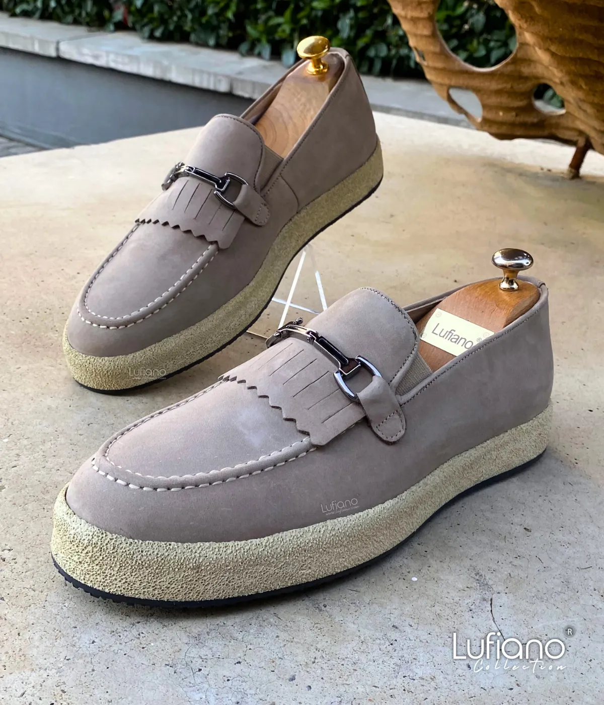 027F - Lufiano collection-Leather loafers- Beige Loafers Fur