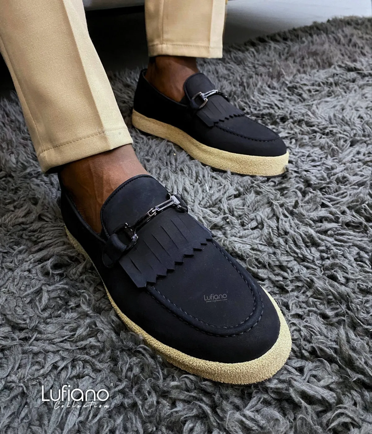 027F - Lufiano collection-Leather loafers- Black Chain Loafers