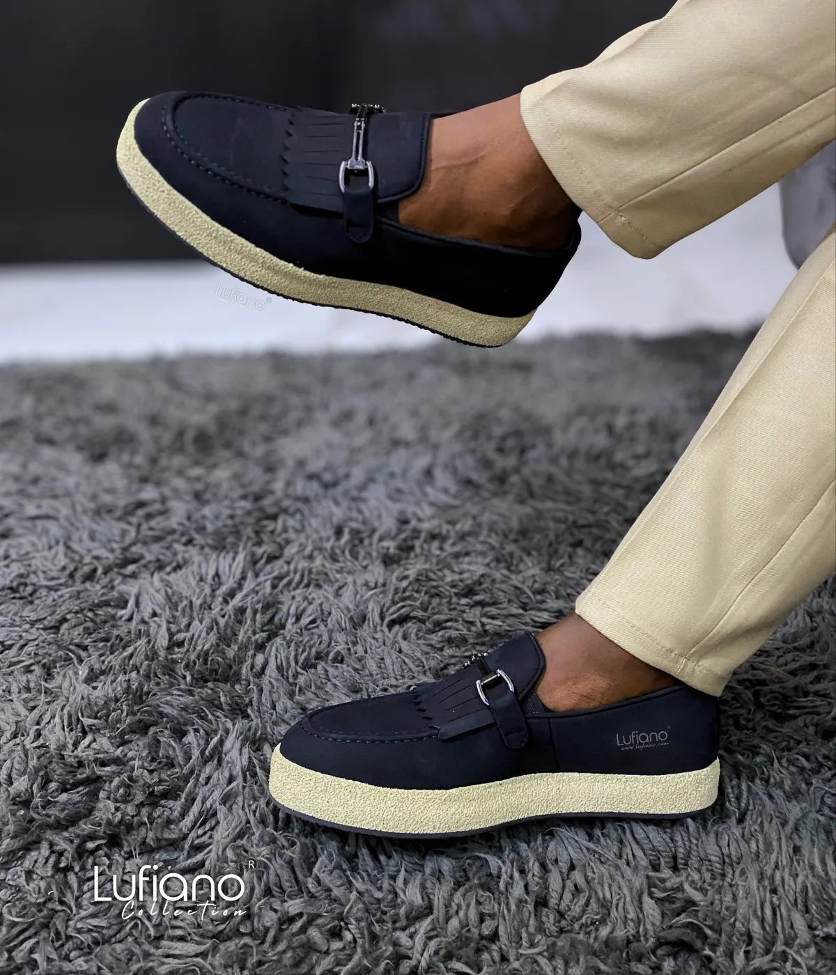 027F - Lufiano collection-Leather loafers- Black Loafers Wedges