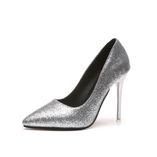 2019 Spring glitter gold high-heeled shoes pointed with silver fine with women's shoes bridesmaid wedding shoes Mujer s019 Extra Wide Slip On Casual Shoes