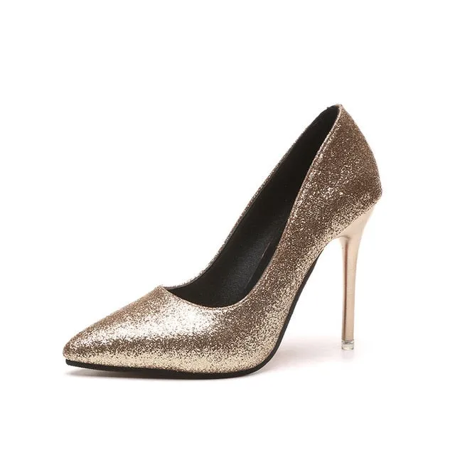 2019 Spring glitter gold high-heeled shoes pointed with silver fine with women's shoes bridesmaid wedding shoes Mujer s019 Best Casual Slip-on Shoes