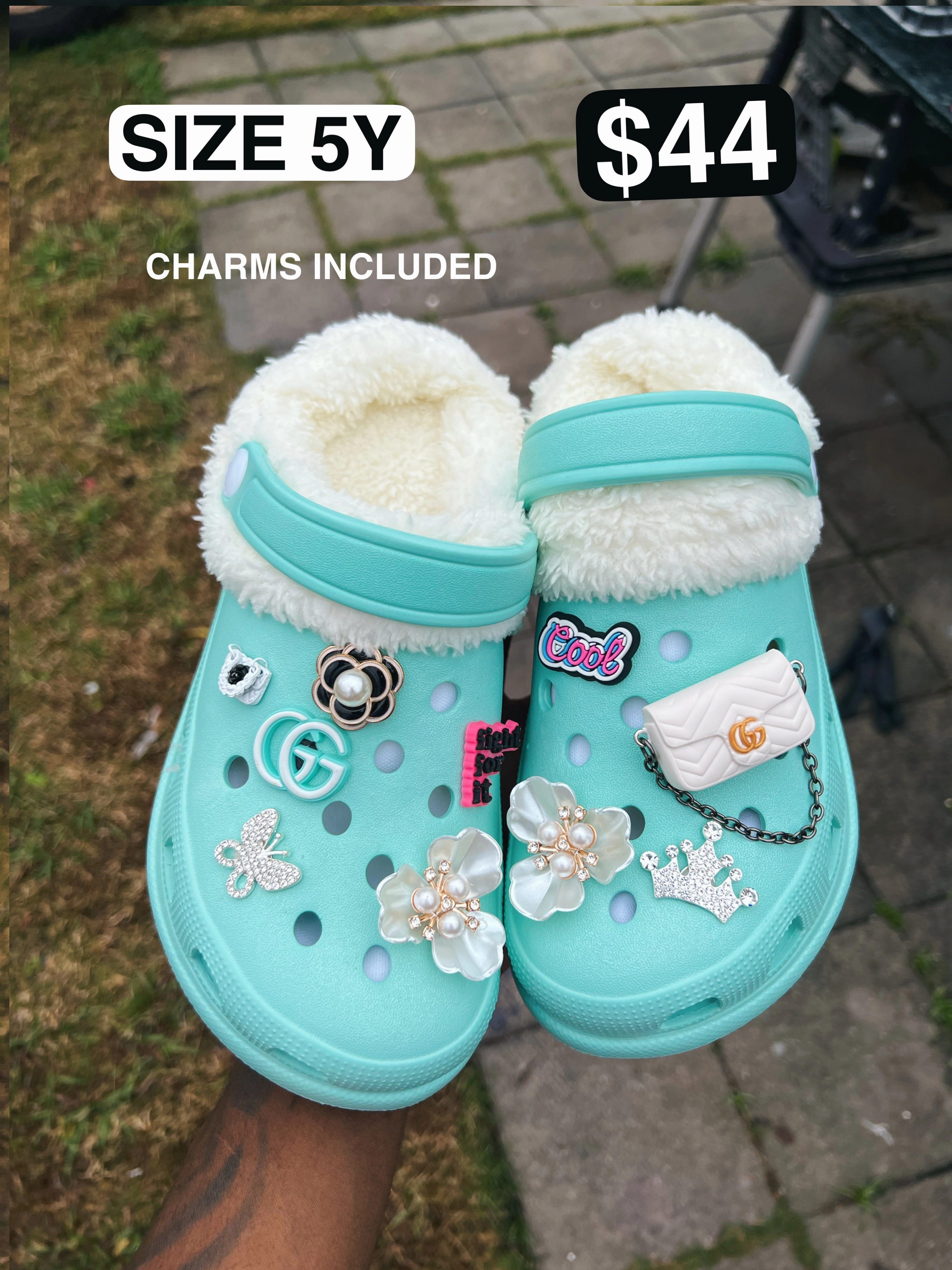 #Richy100 Size 5Y TEAL "Cozy" Clog Slippers   Charms Crochet Socks And Slippers