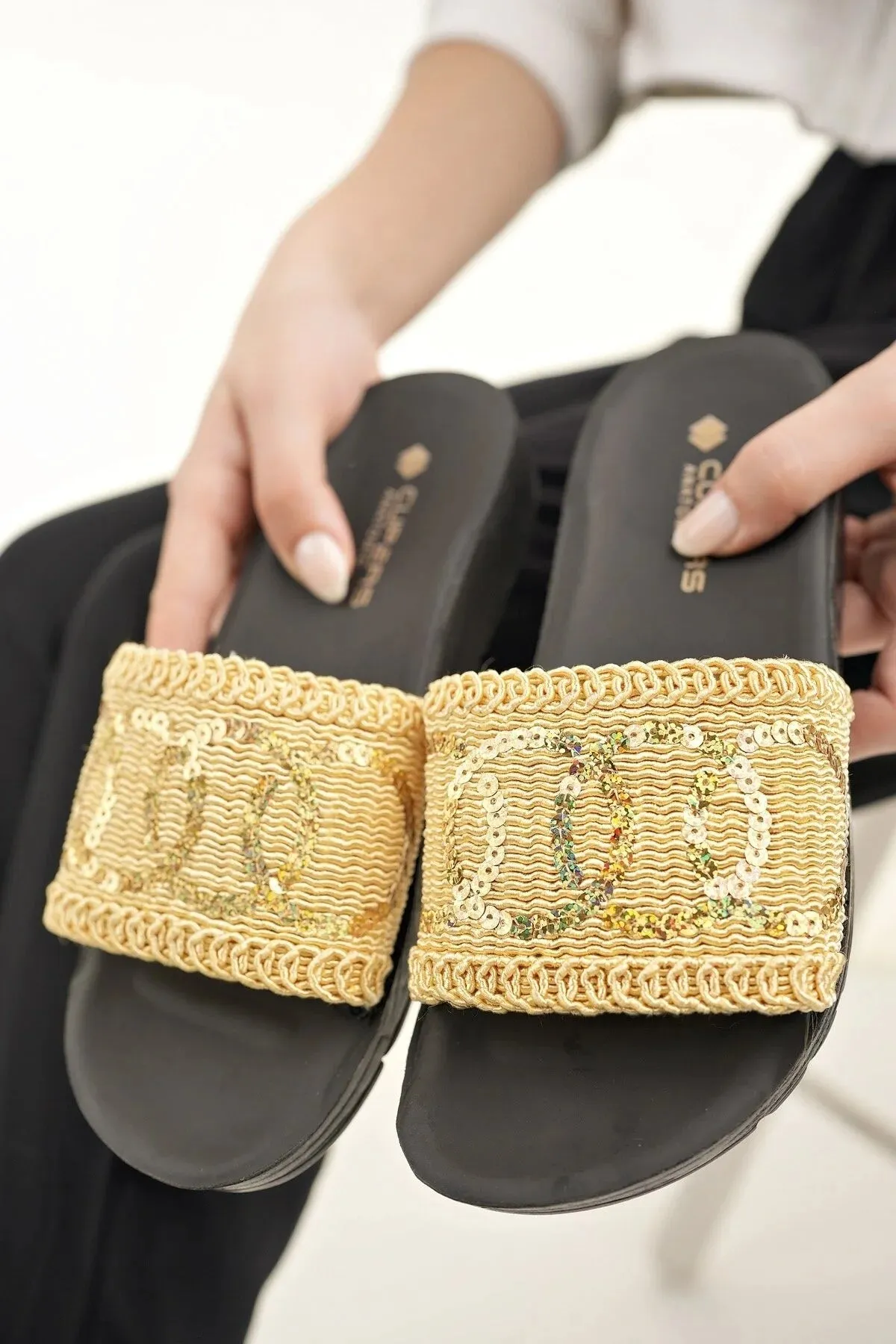 Modafrsat Women's Straw  Knitting Lace Stone Detailed Stylish Slippers 3d Slippers