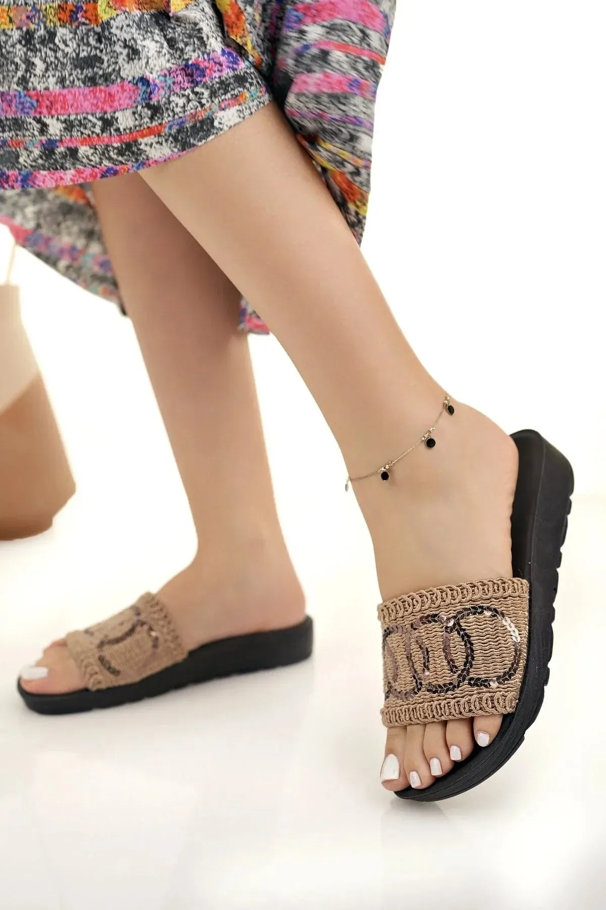 Heat Slippers Modafrsat Women's Straw  Knitting Lace Stone Detailed Stylish Slippers