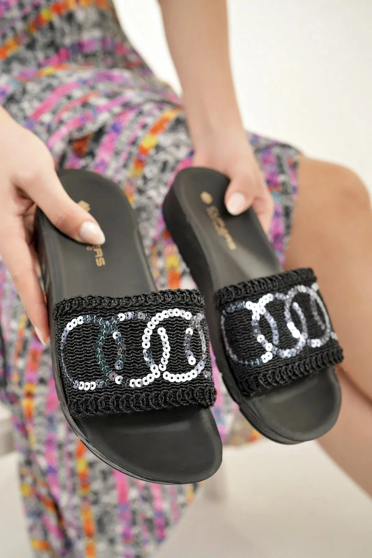 Modafrsat Women's Straw  Knitting Lace Stone Detailed Stylish Slippers Goldenstar Slides