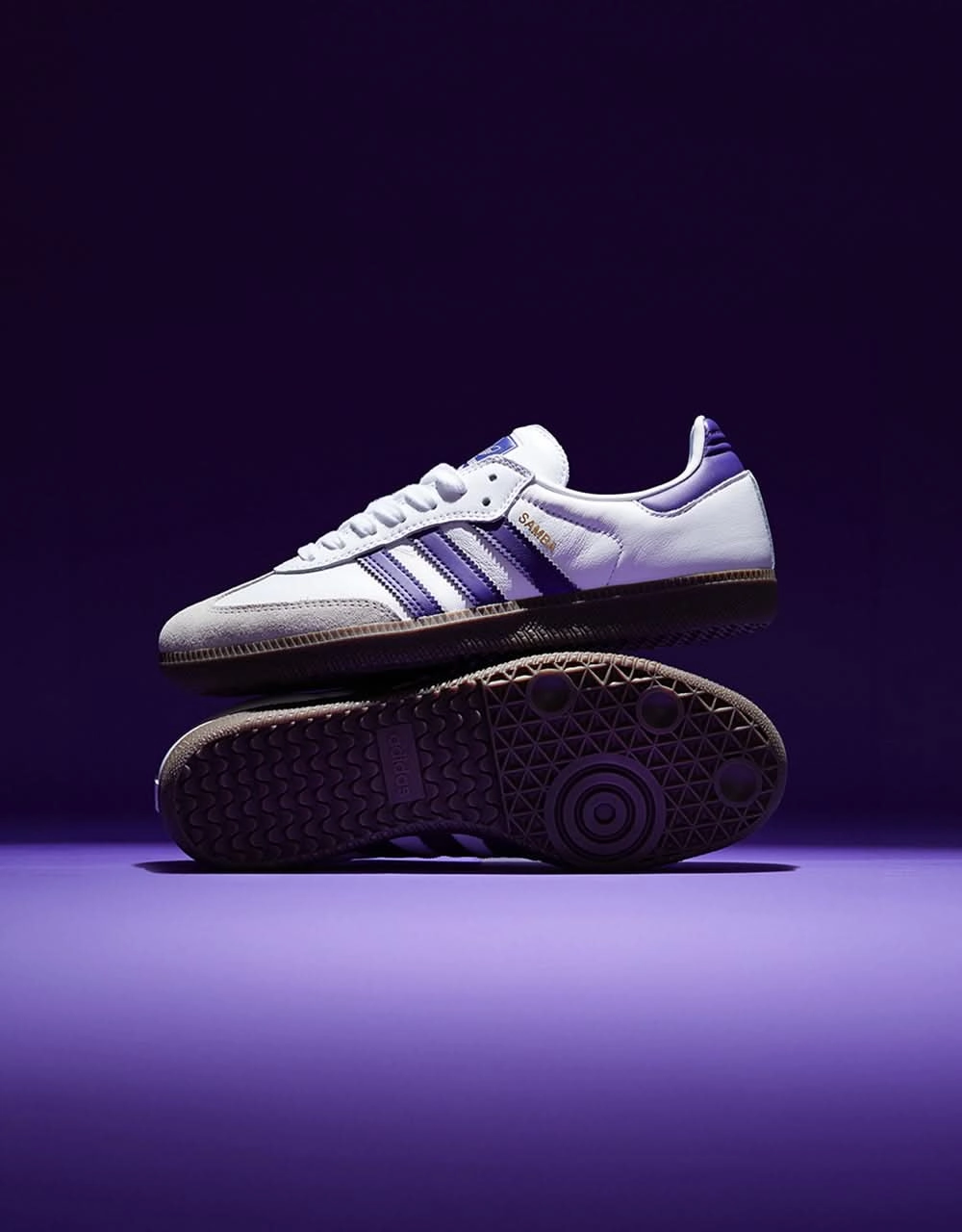 Adidas Superstar Adv Shoes adidas Samba ADV Skate Shoes - White/Collegiate Purple/Gold Metallic