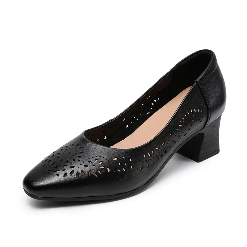 Best Casual Shoes To Wear With A Suit Women Hollow Leather Point Toe Chunky Heel Pumps