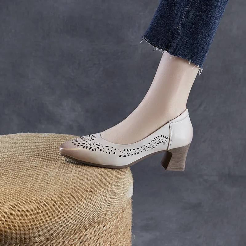 Women Hollow Leather Point Toe Chunky Heel Pumps High Brand Luxury Casual Shoes