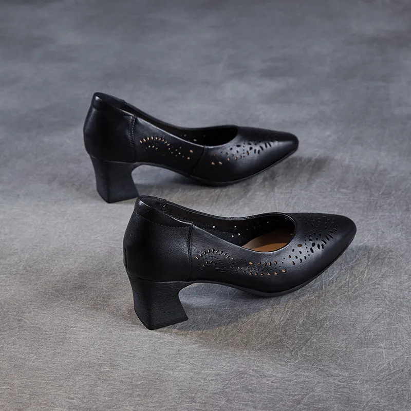 Women Hollow Leather Point Toe Chunky Heel Pumps Air Presto Mid Utility Casual Shoes