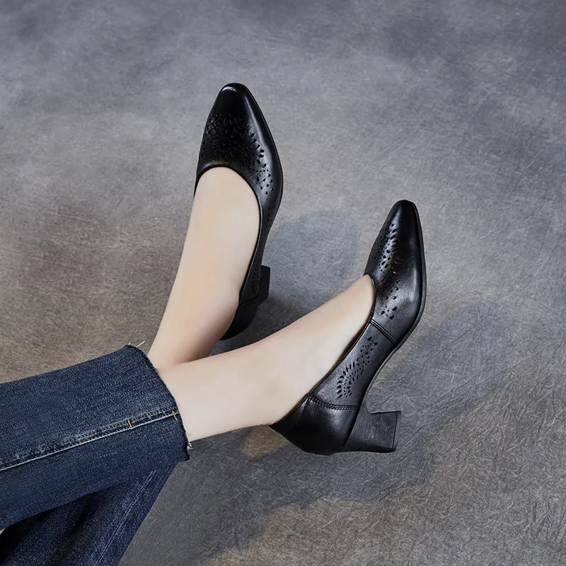Women Hollow Leather Point Toe Chunky Heel Pumps Hope Casual Shoe