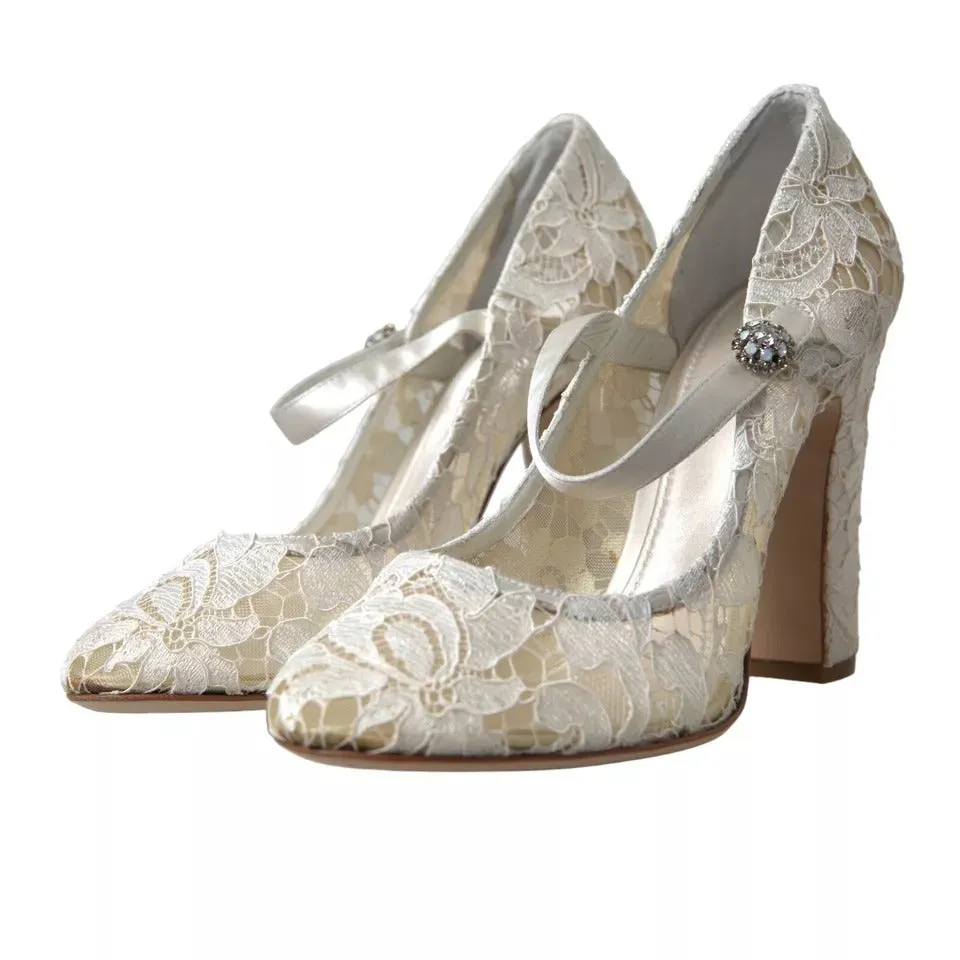 Dolce & Gabbana White Lace Crystals Heels Sandals Shoes Flat Sparkle Sandals