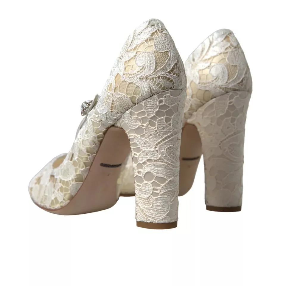 777 Deals Sandals Dolce & Gabbana White Lace Crystals Heels Sandals Shoes