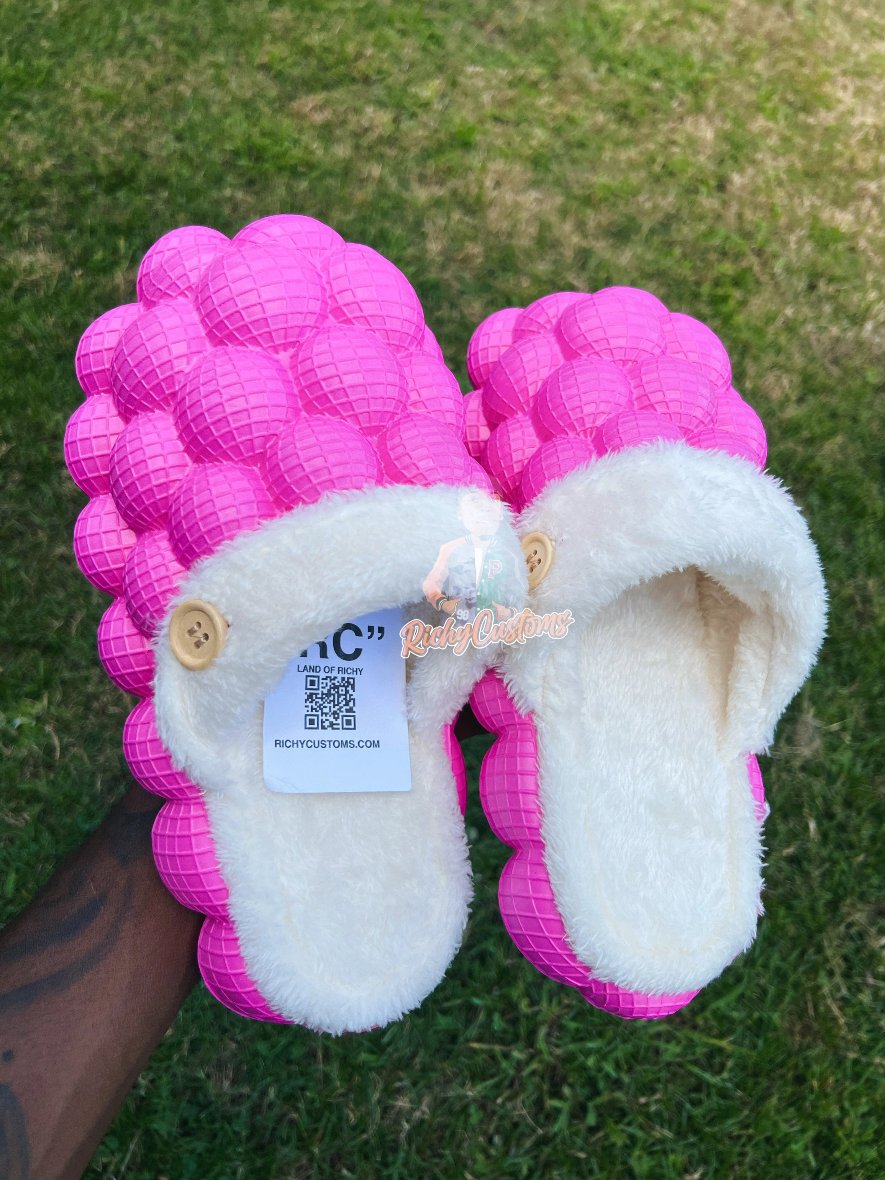 Faux Fur Platform Slippers Richy PUFFS Ball Slippers HOT PINK X  "COZY"