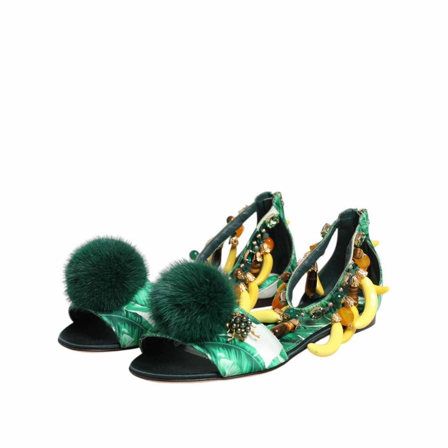 Dolce & Gabbana Green Mink Fur Satin Banana Leaf Sandals Shoes Waterproof Mountain Bike Shoes For Flat Pedals