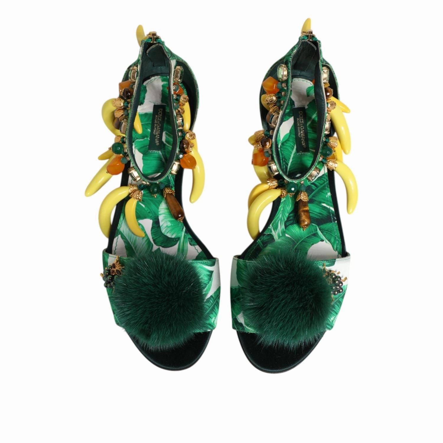 Flapper Shoes Flats Dolce & Gabbana Green Mink Fur Satin Banana Leaf Sandals Shoes