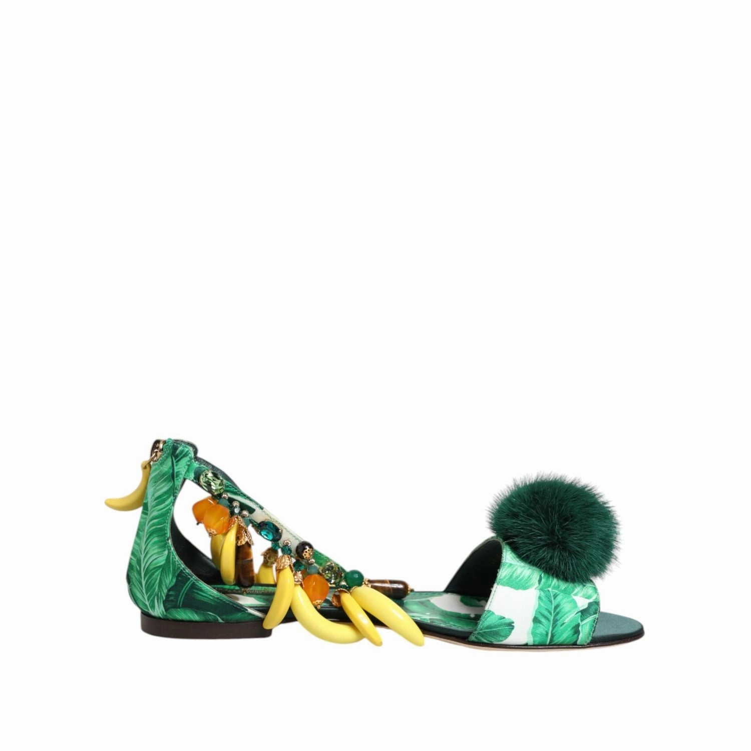 Flat Shoes To Wear With Wedding Dress Dolce & Gabbana Green Mink Fur Satin Banana Leaf Sandals Shoes