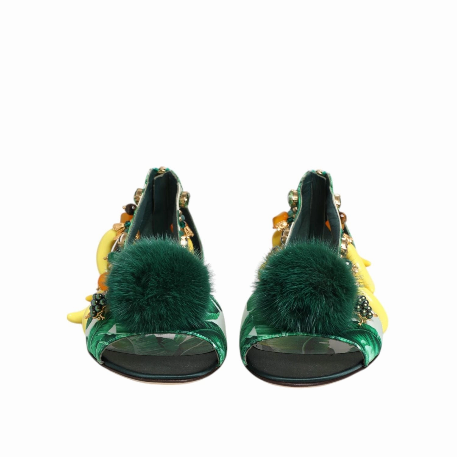 Dolce & Gabbana Green Mink Fur Satin Banana Leaf Sandals Shoes Leopard Shoes Flats