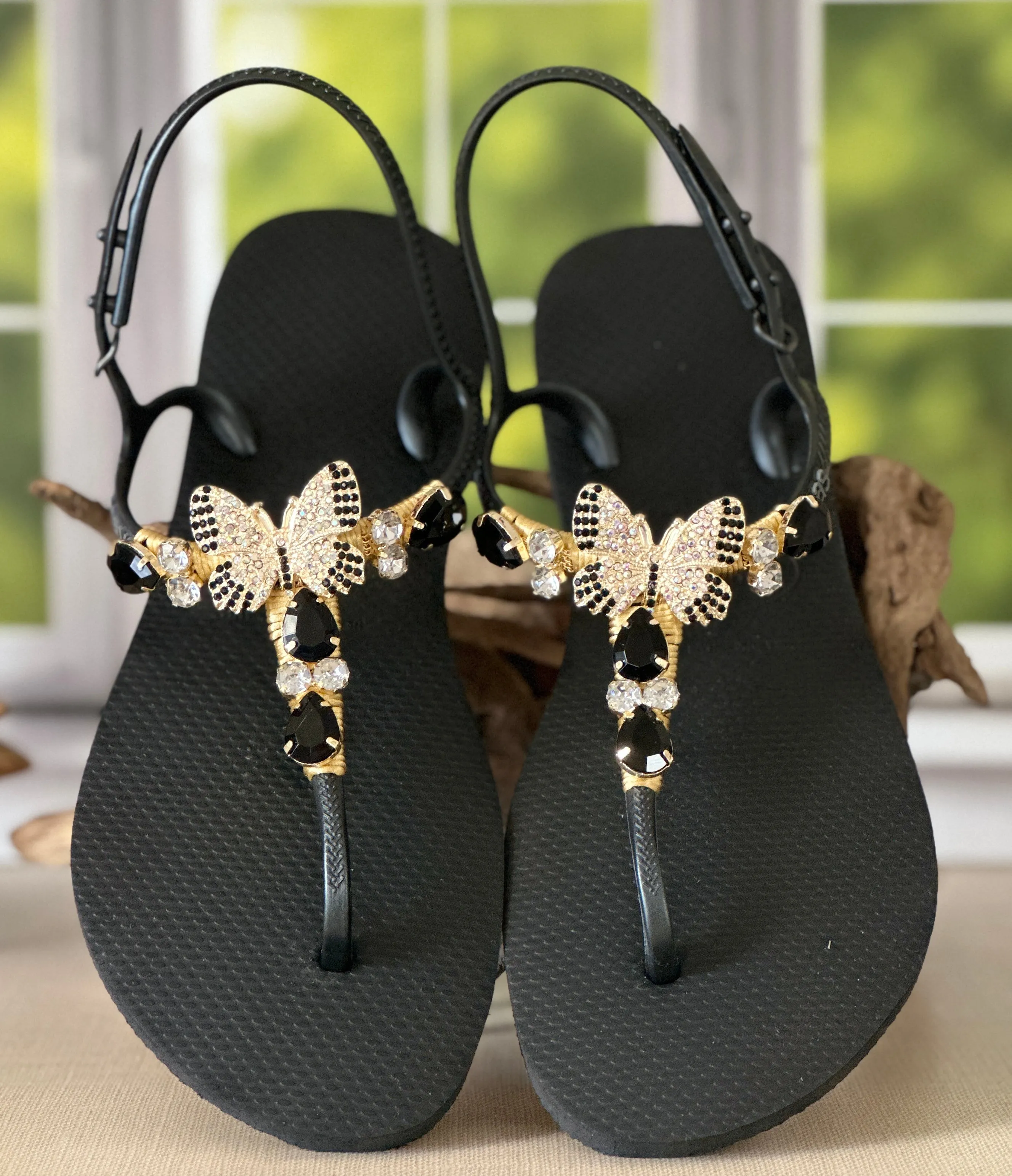 Black Butterfly Sandal Elegant Flat Crystal Flip Flop Woman Statement Shoe to Feel Powerful Magnetic Luxurious Summer Resort Look Bahama Bay Flip Flops