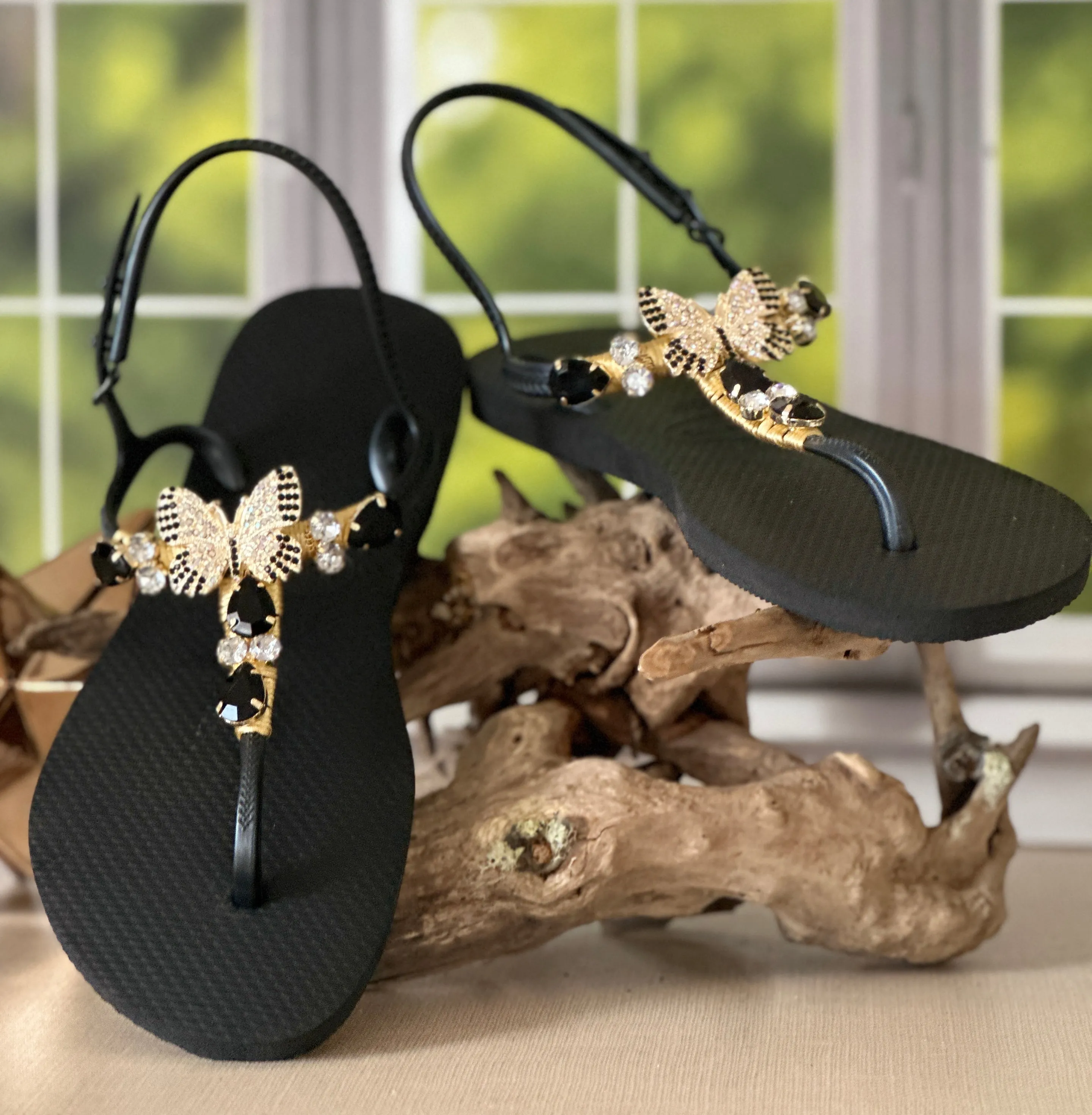 Flip Flops Shoes Black Butterfly Sandal Elegant Flat Crystal Flip Flop Woman Statement Shoe to Feel Powerful Magnetic Luxurious Summer Resort Look