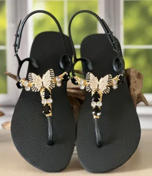 Black Butterfly Sandal Elegant Flat Crystal Flip Flop Woman Statement Shoe to Feel Powerful Magnetic Luxurious Summer Resort Look 4 Inch Wedge Flip Flops