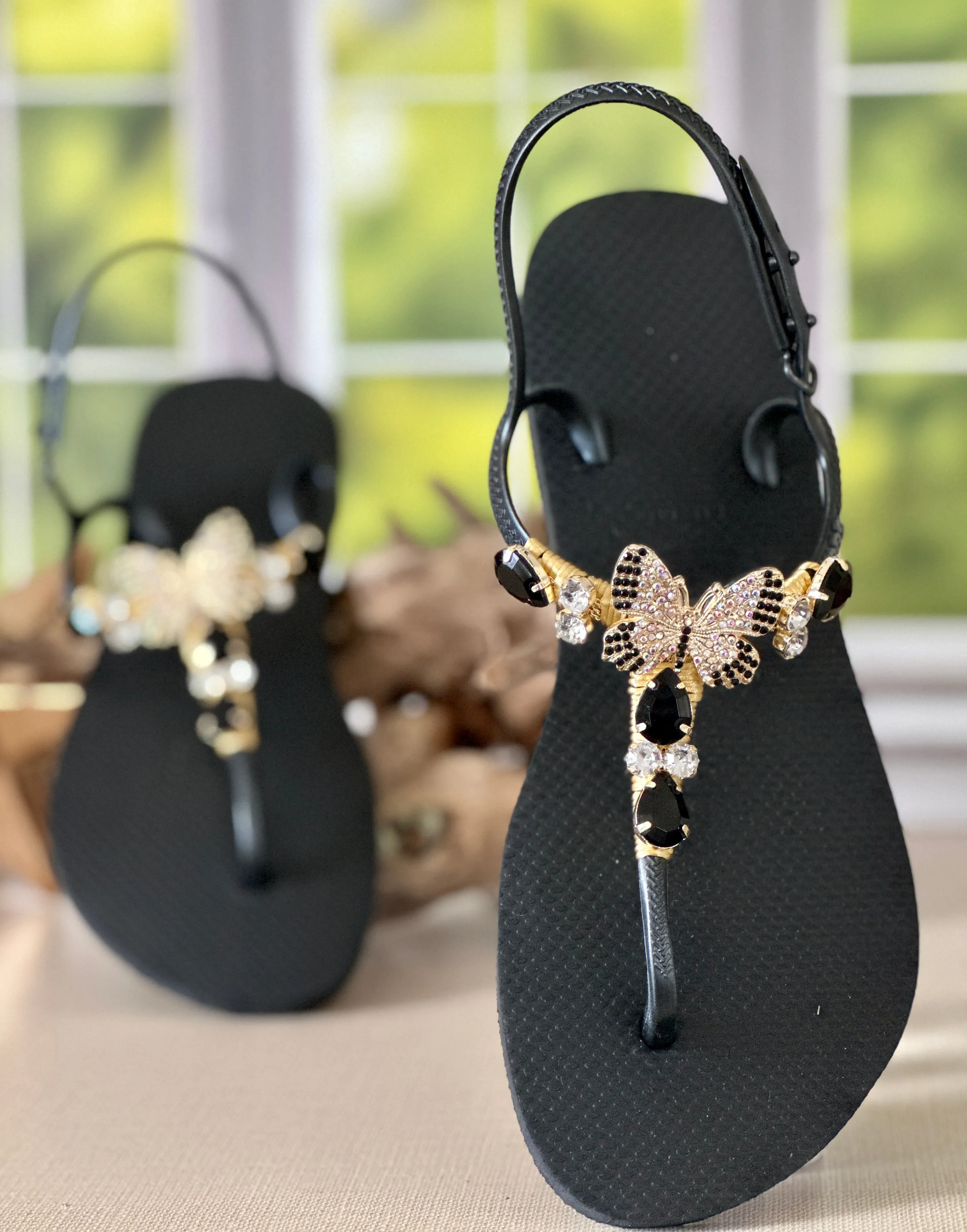 Socks And Flip Flops Black Butterfly Sandal Elegant Flat Crystal Flip Flop Woman Statement Shoe to Feel Powerful Magnetic Luxurious Summer Resort Look