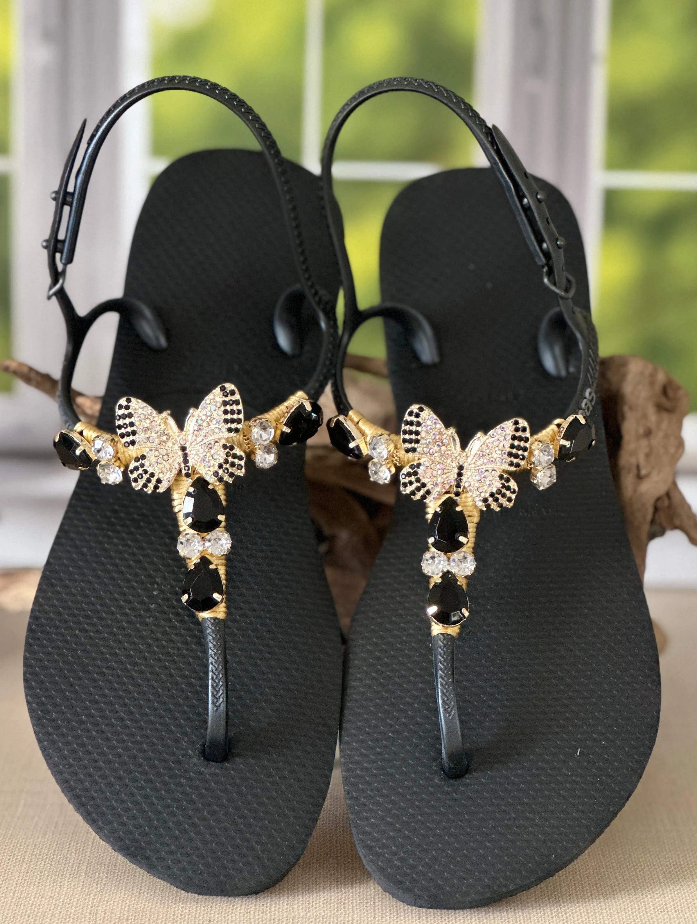 Black Butterfly Sandal Elegant Flat Crystal Flip Flop Woman Statement Shoe to Feel Powerful Magnetic Luxurious Summer Resort Look Arches Flip Flops Reviews