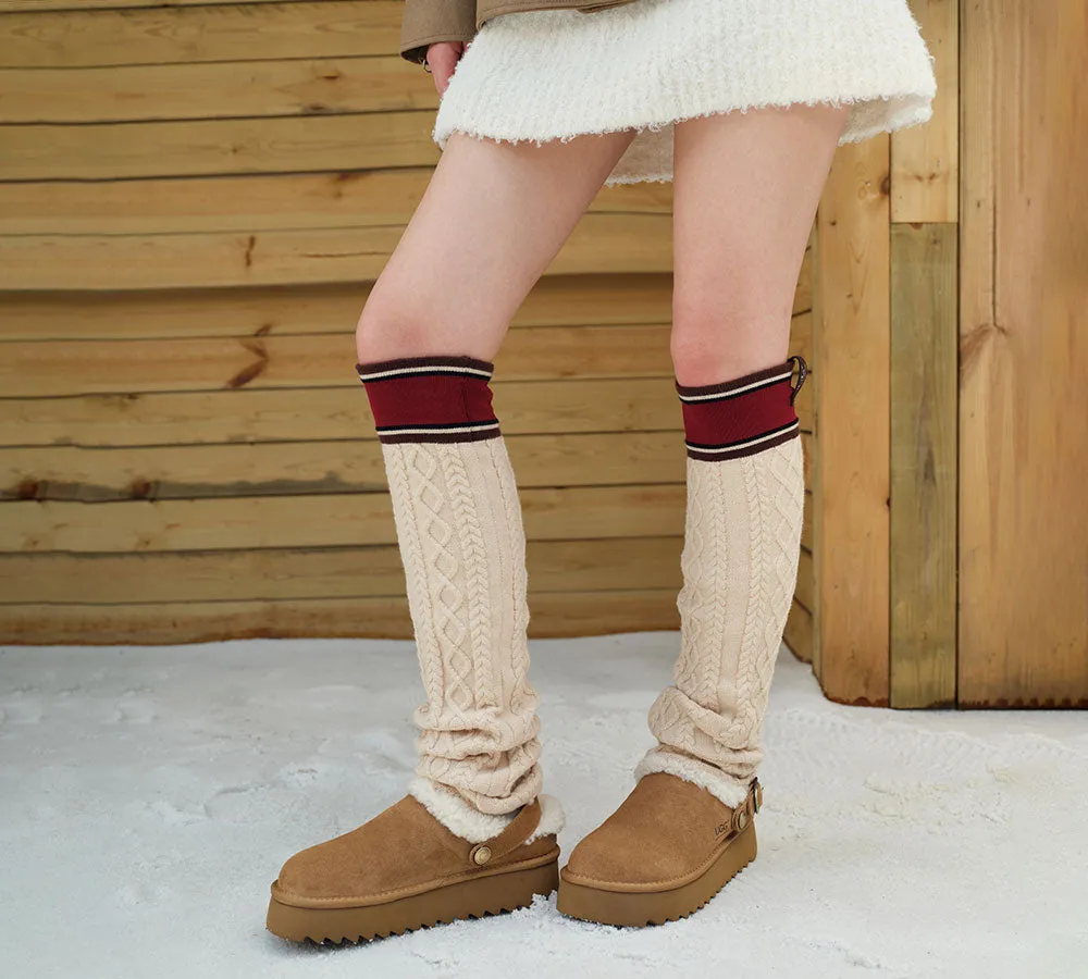 Rubber Sole Slippers AUSTRALIAN SHEPHERD UGG Slippers Sheepskin Wool Adjustable Strap Platform Pulsey