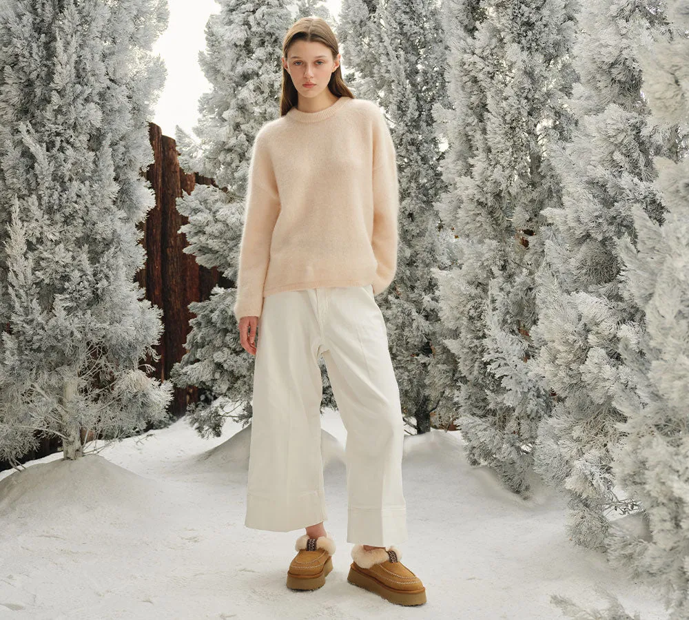 AUSTRALIAN SHEPHERD UGG Slippers Women Sheepskin Wool Collar Ankle Platform Santana Feather Slippers