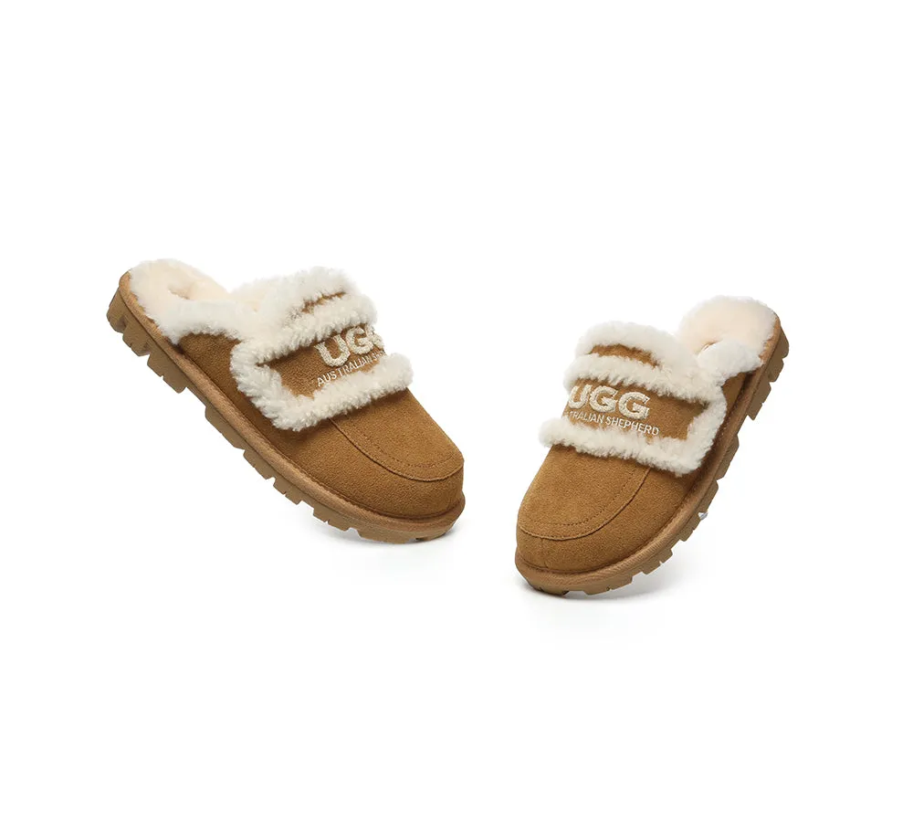 Leather Slippers AUSTRALIAN SHEPHERD UGG Slippers Women Sheepskin Wool Shearling Lined Rilee