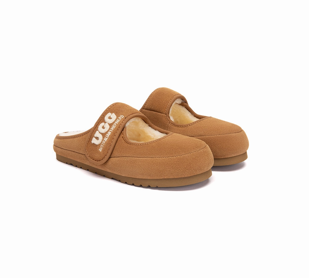 Slippers For Heel Spur AUSTRALIAN SHEPHERD UGG Slippers Sheepskin Wool Adjustable Strap Mary Jane Velly