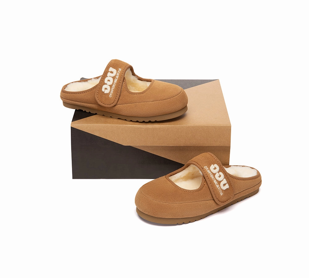 Original Ruby Slippers AUSTRALIAN SHEPHERD UGG Slippers Sheepskin Wool Adjustable Strap Mary Jane Velly