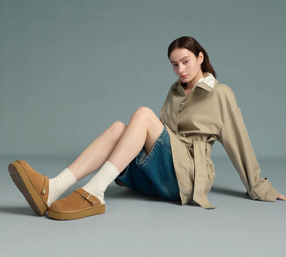 AUSTRALIAN SHEPHERD UGG Slippers Sheepskin Wool Adjustable strap Platform Sadie Teen Slippers