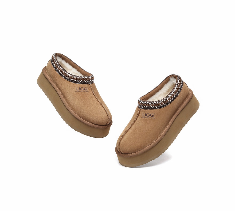 AUSTRALIAN SHEPHERD UGG Slippers Sheepskin Wool Ankle Platform Tazzy Hippie Raffia Platform Slides