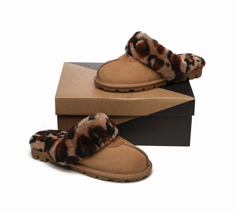AUSTRALIAN SHEPHERD UGG Slippers Women Double Face Sheepskin Wool Leopard Print Tasman Sand Slippers