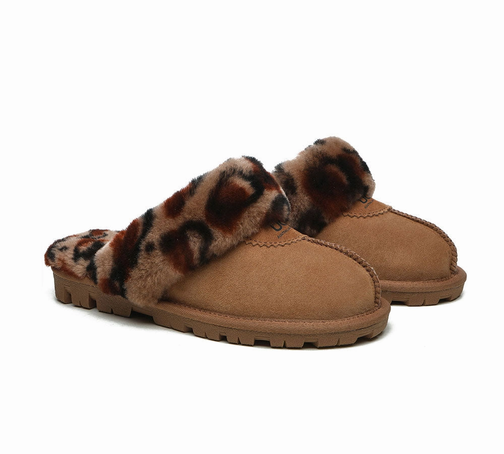 Feel Slides AUSTRALIAN SHEPHERD UGG Slippers Women Double Face Sheepskin Wool Leopard Print