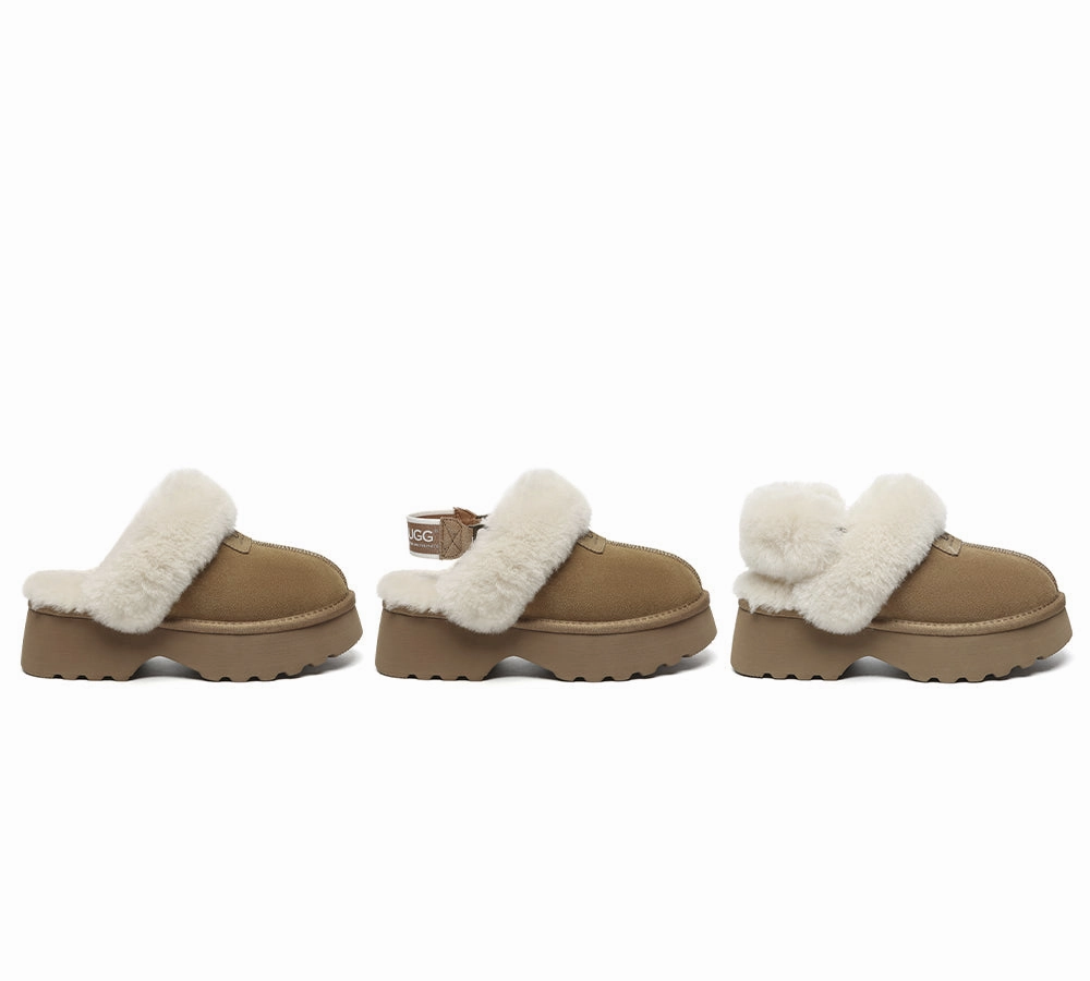 Frog Feet Slippers AUSTRALIAN SHEPHERD UGG Slippers Women Removable Wool Strap Slingback Chunky Platform Muna