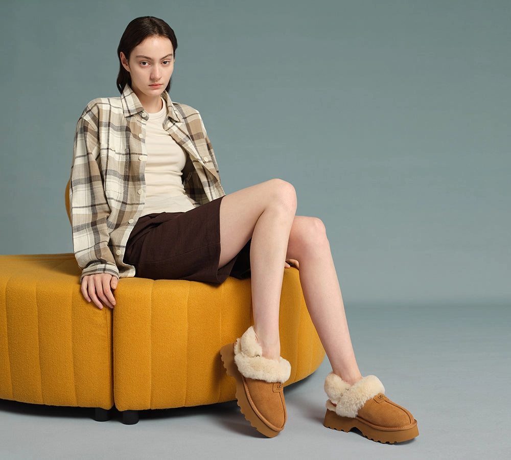 AUSTRALIAN SHEPHERD UGG Slippers Women Removable Wool Strap Slingback Chunky Platform Muna Friend Slippers