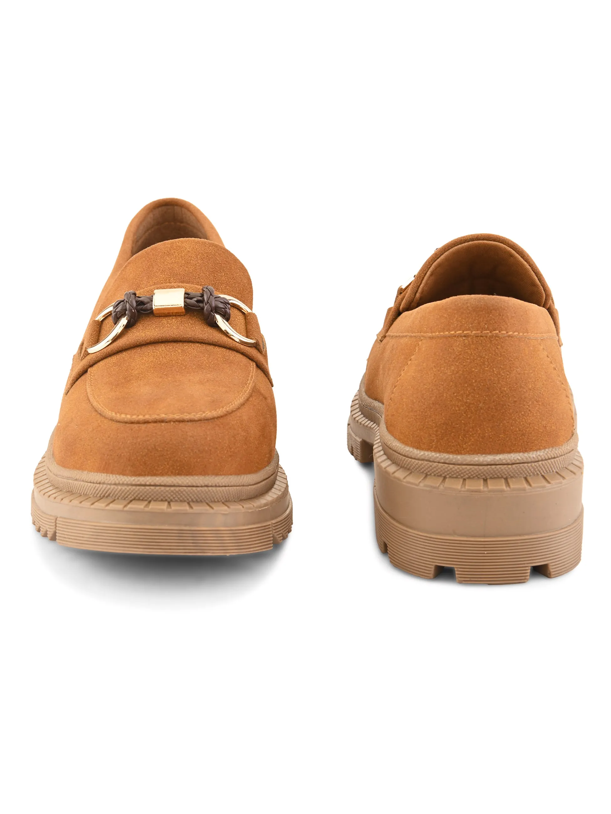 Bisou Women Tan Chunky Loafers Pointed Loafers