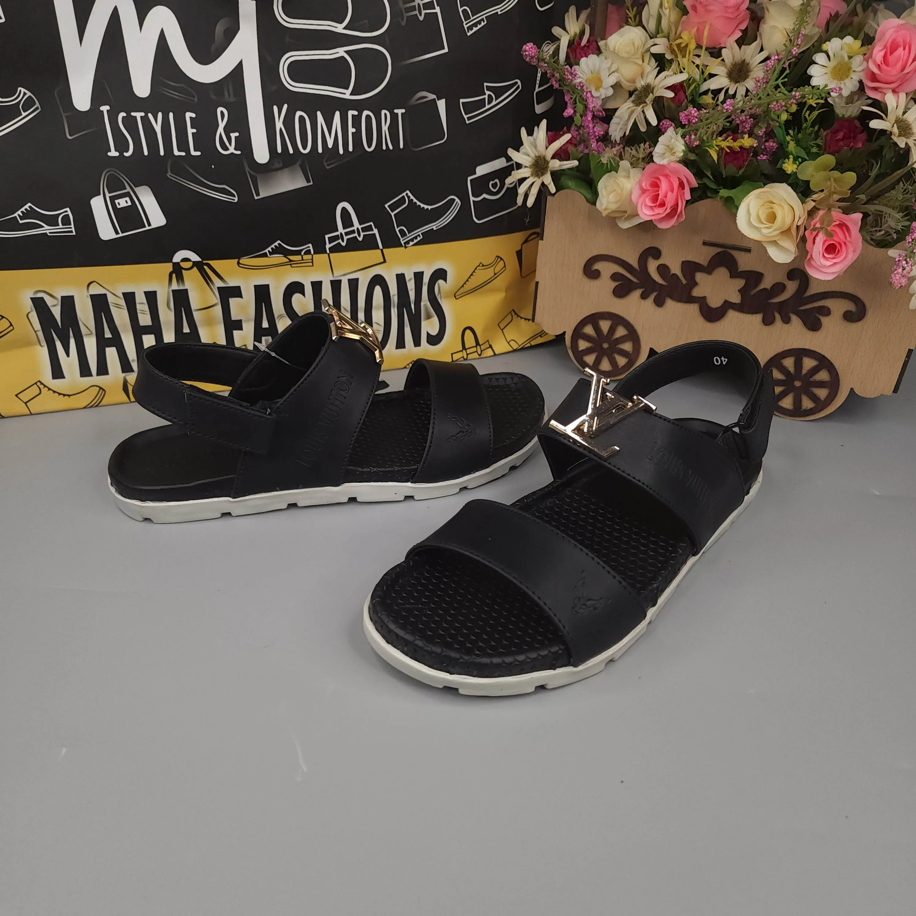 Mountain Sandals Black Sandals with Golden Buckle