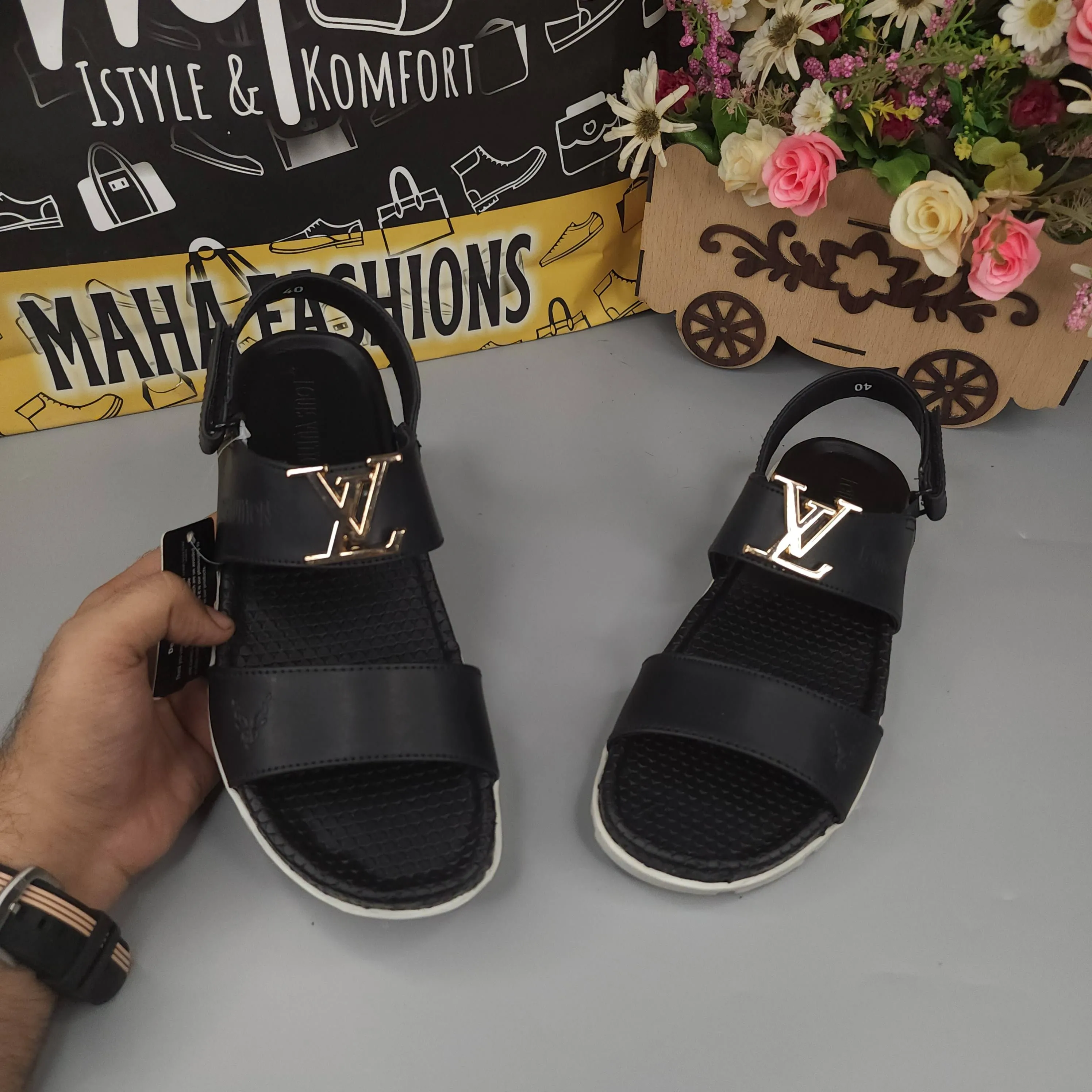Orthofeet Sandals Black Sandals with Golden Buckle