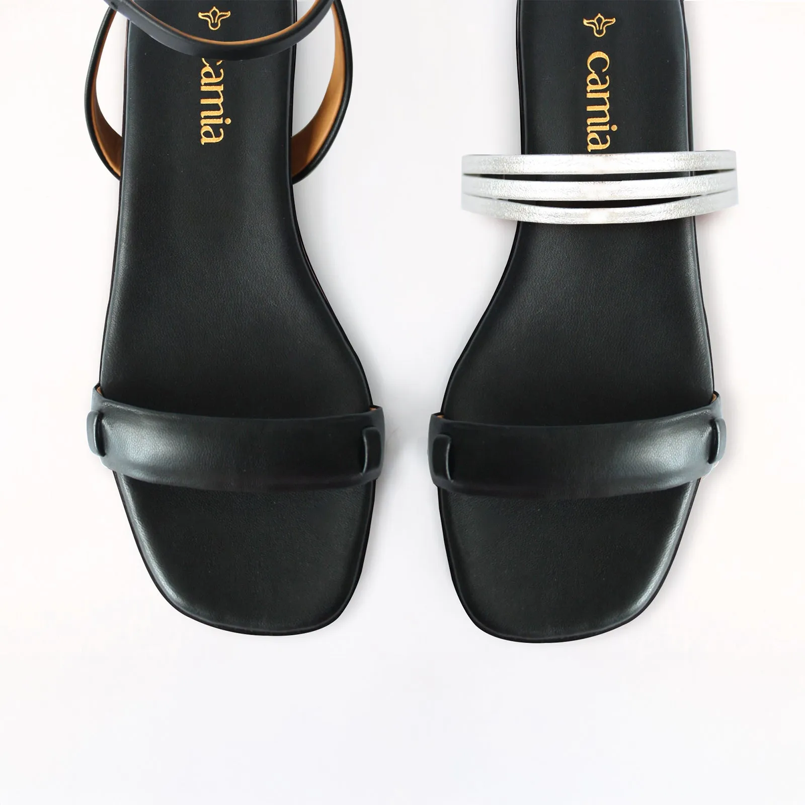 Black Swap Sandal Silver Triple Flat Shoes Formal