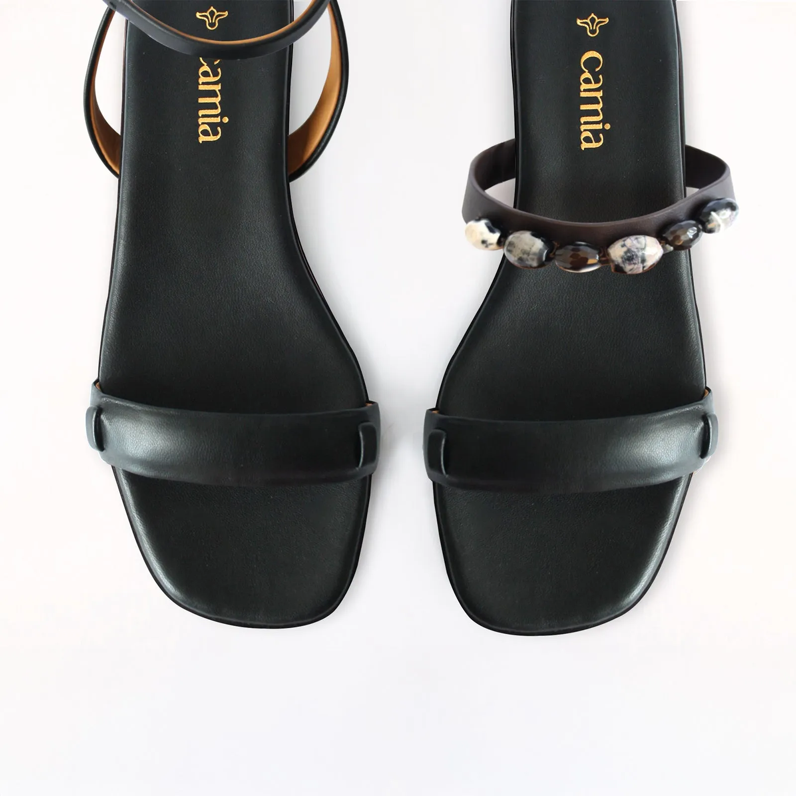 Black Swap Sandal with Agatas Women Flat Leather Shoes