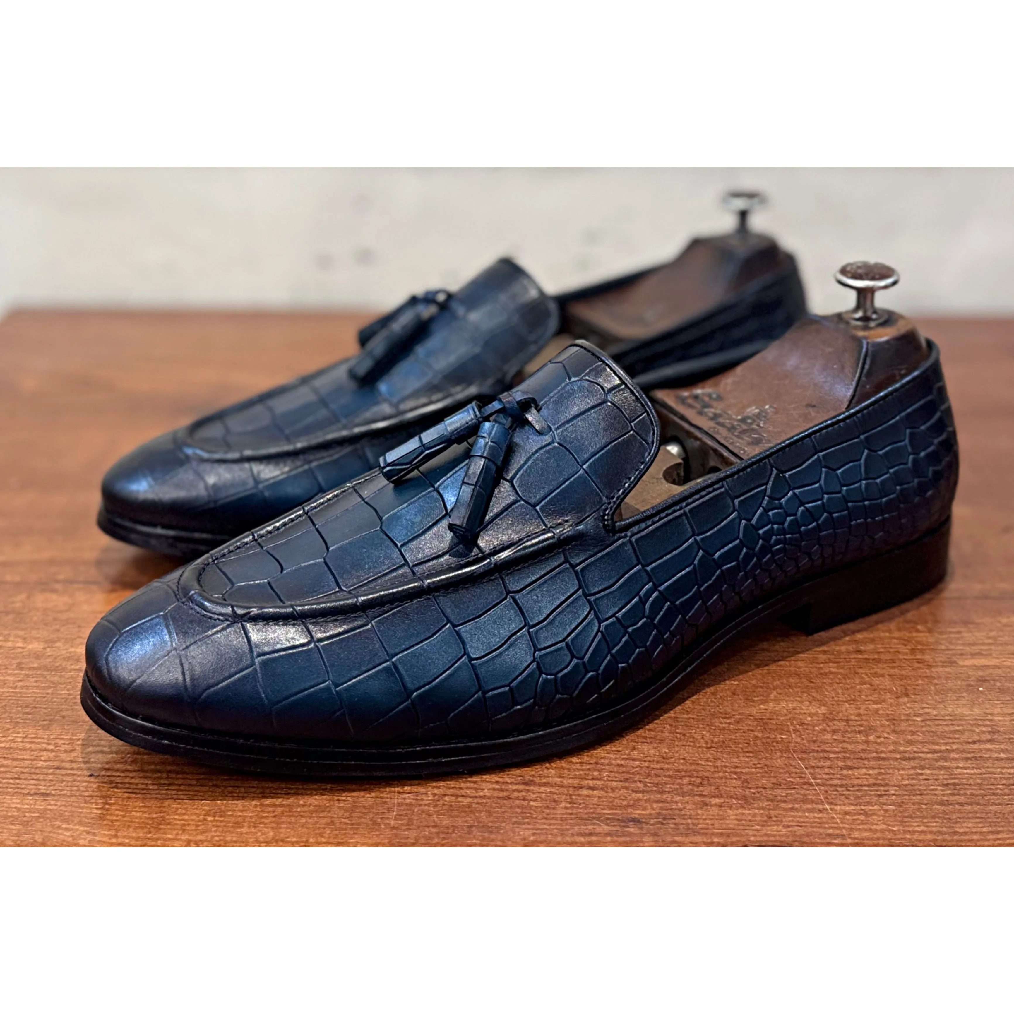 Edhen Milano Loafers Blue Croco Loafers With Tassels