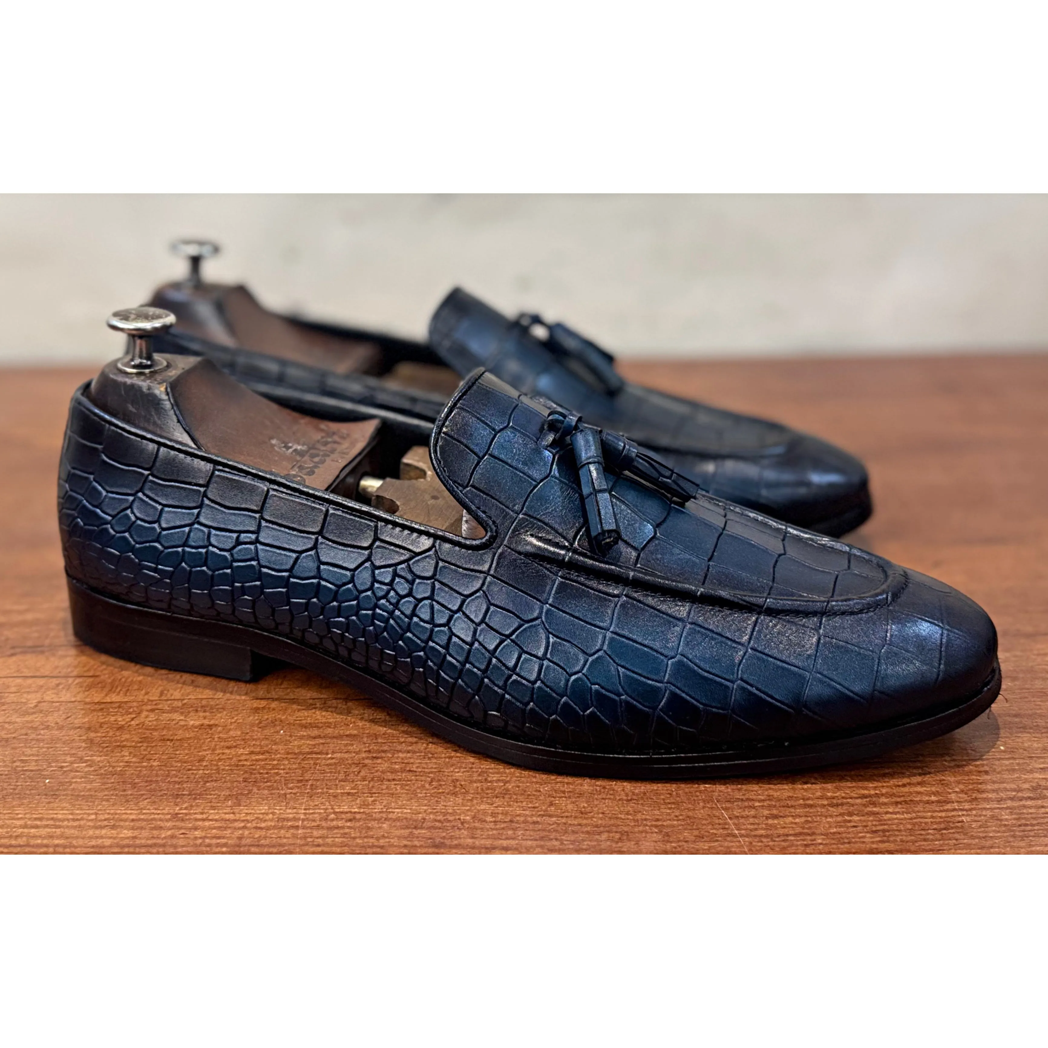 Blue Croco Loafers With Tassels Loafers Gh Bass