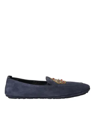 Blue Leather Suede Crystal Crown Loafers Shoes Stubbs Loafers