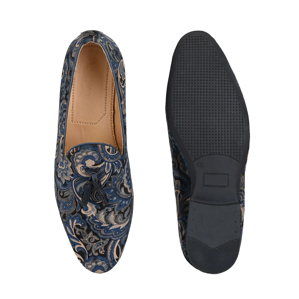 Quilted Loafers Blue Paisley Tassel Loafers