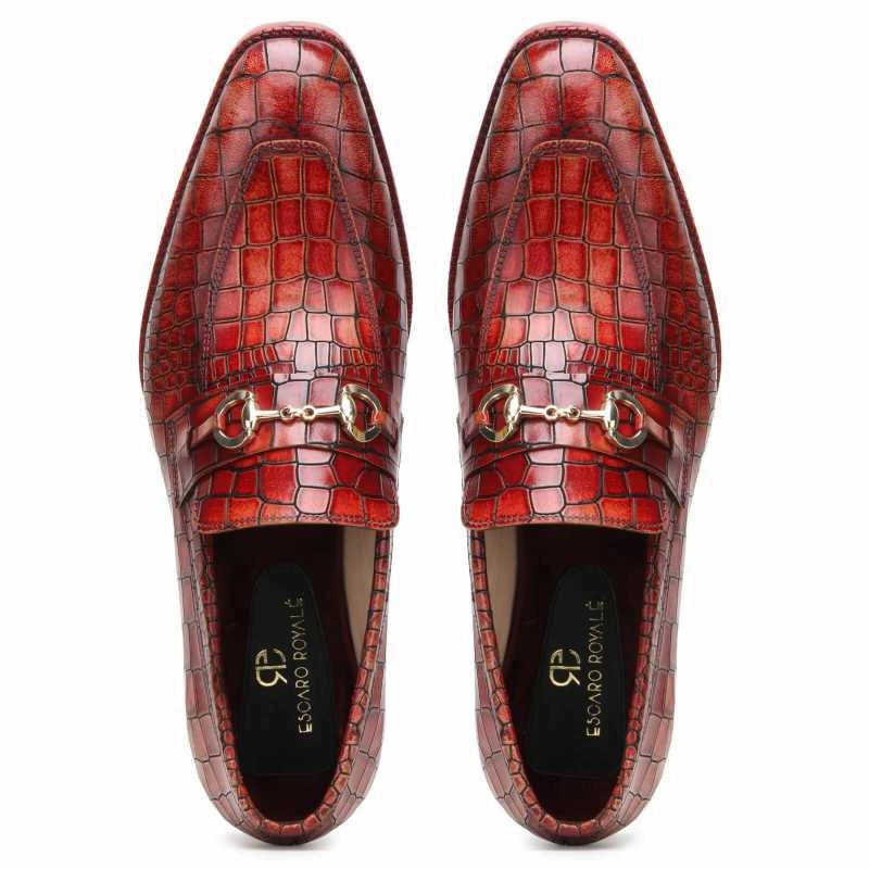 Brig Textured Horse-bit Loafers in Brick Red