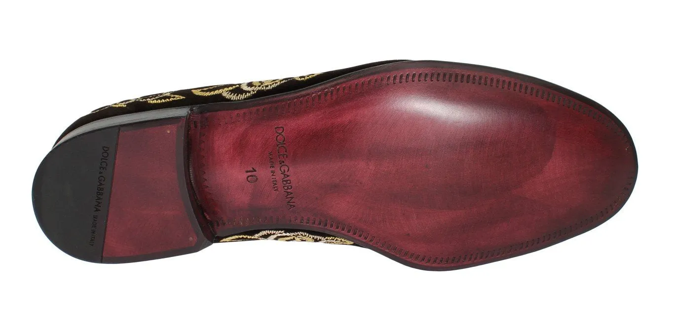 Loafers Spikes Brown Velvet Gold Embroidery Loafers