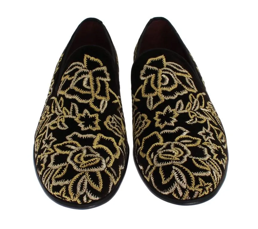Little Girl Loafers Brown Velvet Gold Embroidery Loafers
