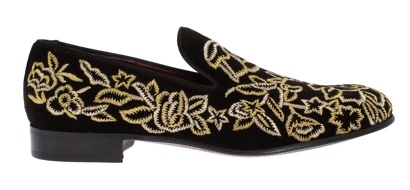 Brown Velvet Gold Embroidery Loafers Ladies Leather Loafers